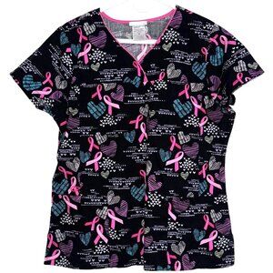 Scrubstar Womens Breast Cancer Awareness Scrub Top M Black Pink Ribbon Print